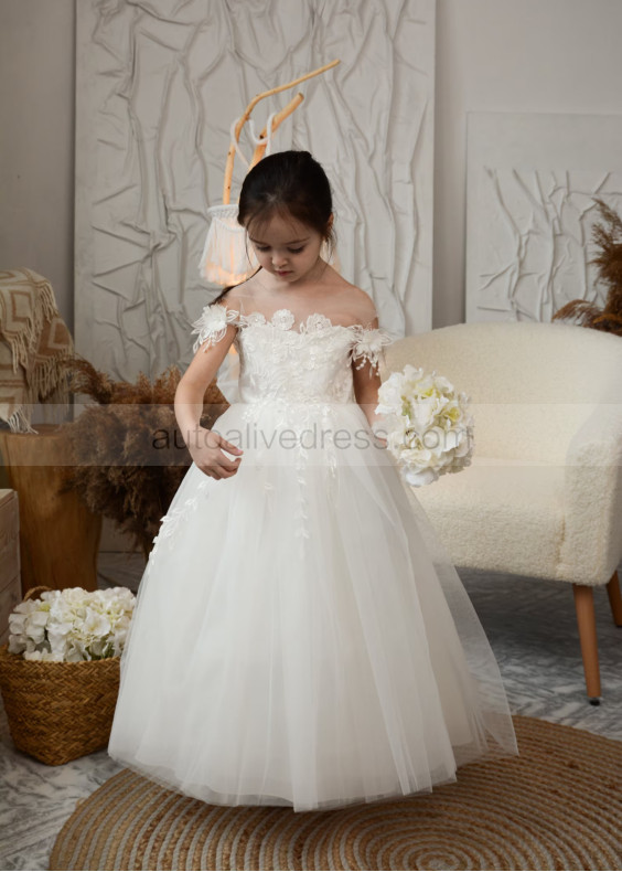 Ivory Lace Tulle Fairytale Flower Girl Dress With Detachable Train